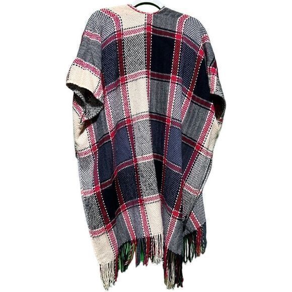 Women’s Fringed Cardigan Poncho‎ Plaid Blue White Red One Size Fits All - Picture 2 of 3
